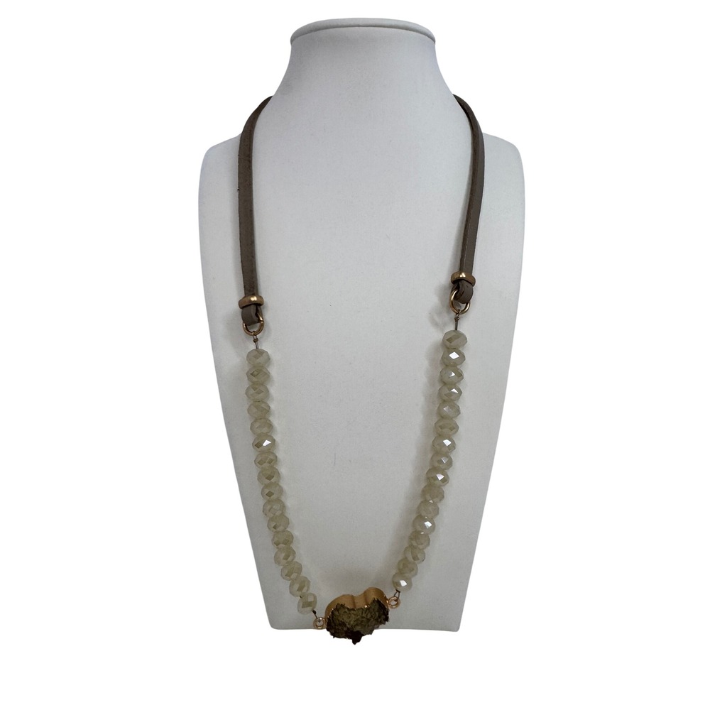 Vintage Beaded Leather Necklace Magnetic Clasp Quartz Pendant Retro Boho Hippie